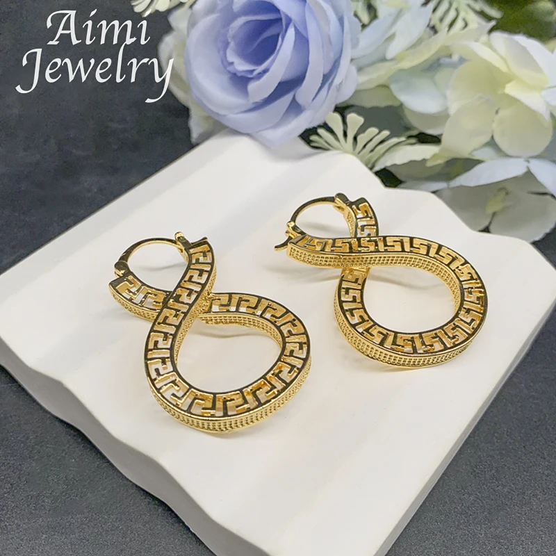 Original Vintage Dubai Gold Plated Hoop Earrings for Women Hollow Copper Drop Earrings African Jewelry Set Party Wedding Gifts thumbnail 4