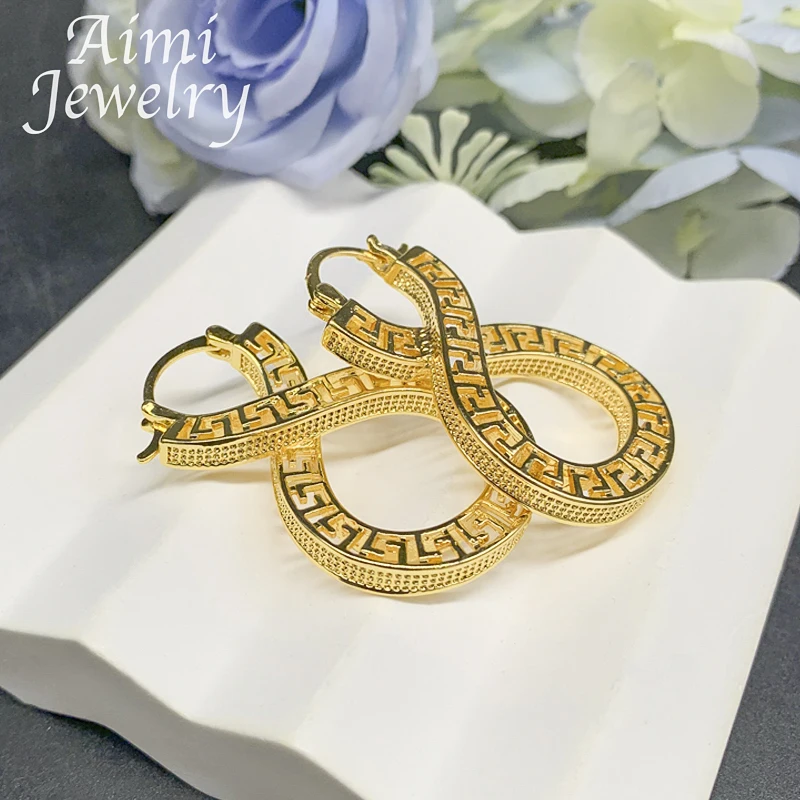 Original Vintage Dubai Gold Plated Hoop Earrings for Women Hollow Copper Drop Earrings African Jewelry Set Party Wedding Gifts thumbnail 3