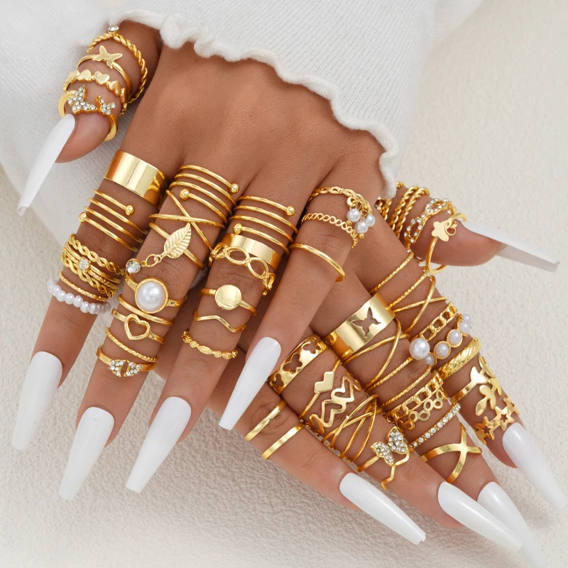58PCS Vintage Heart Snake Butterfly Rings Set for Women Fashion Metal Gold Plated Geometric Hollow Finger Ring Jewelry Gifts New thumbnail 2