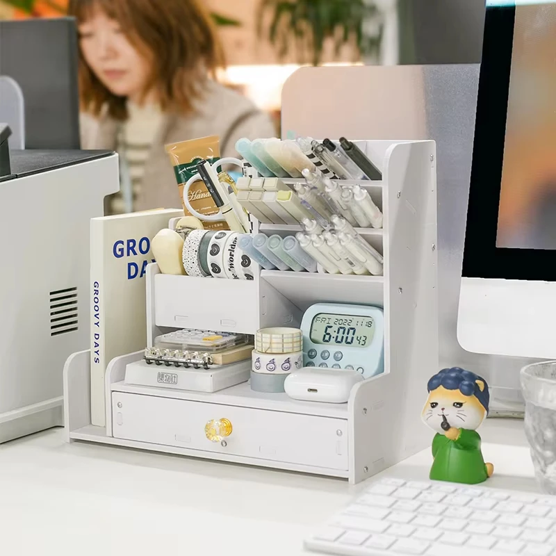 Mark Pen Pencil Holder Wooden Desk Organizers Shelves Accessories Desktop Stationery Organizer Bookshelf Home Office Storage Box thumbnail 3