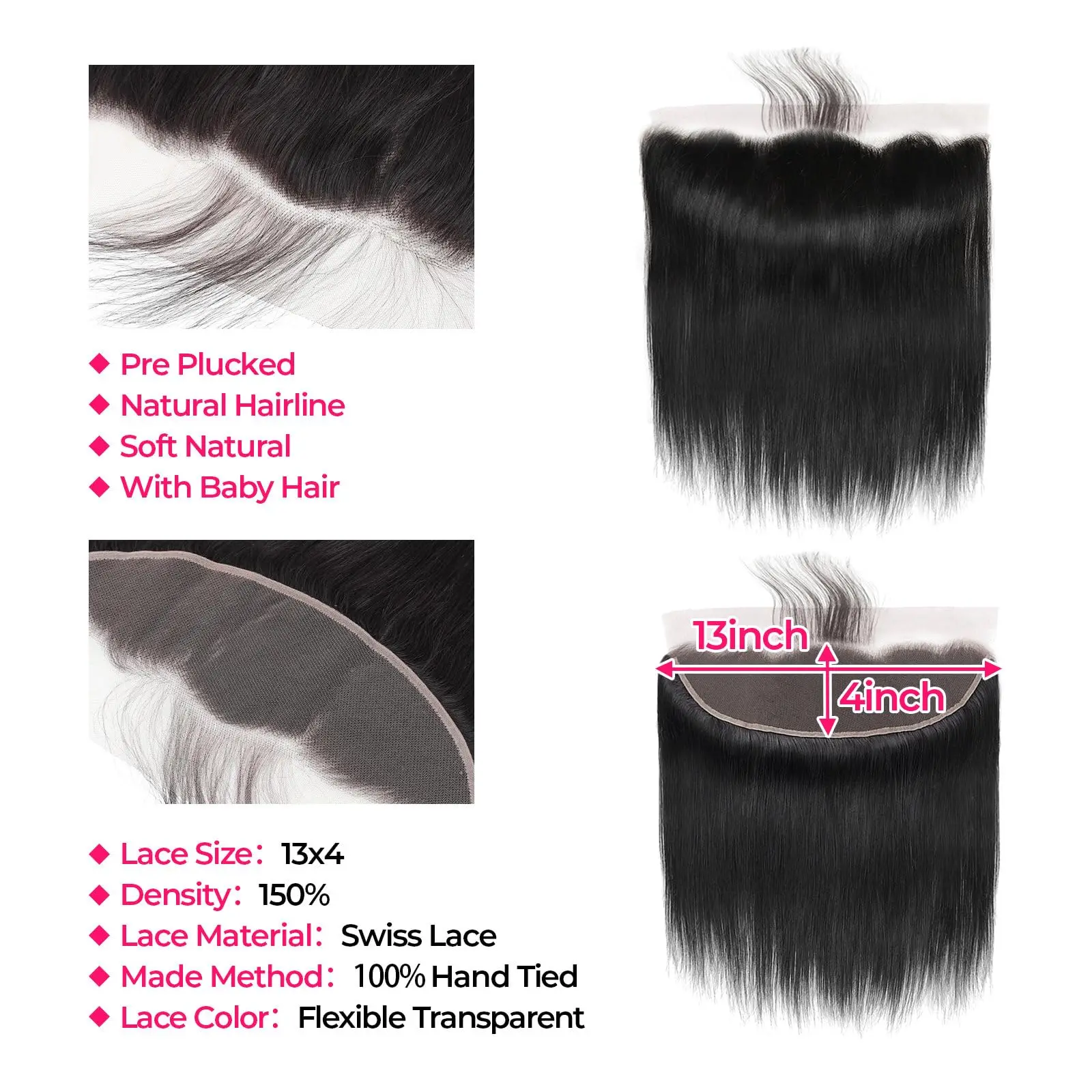 Brazilian 360 Straight Full Lace Frontal Closure 2×6 4×4 Closure Remy Human Hair Closure 13×4 Transparent Lace Natural Color thumbnail 5