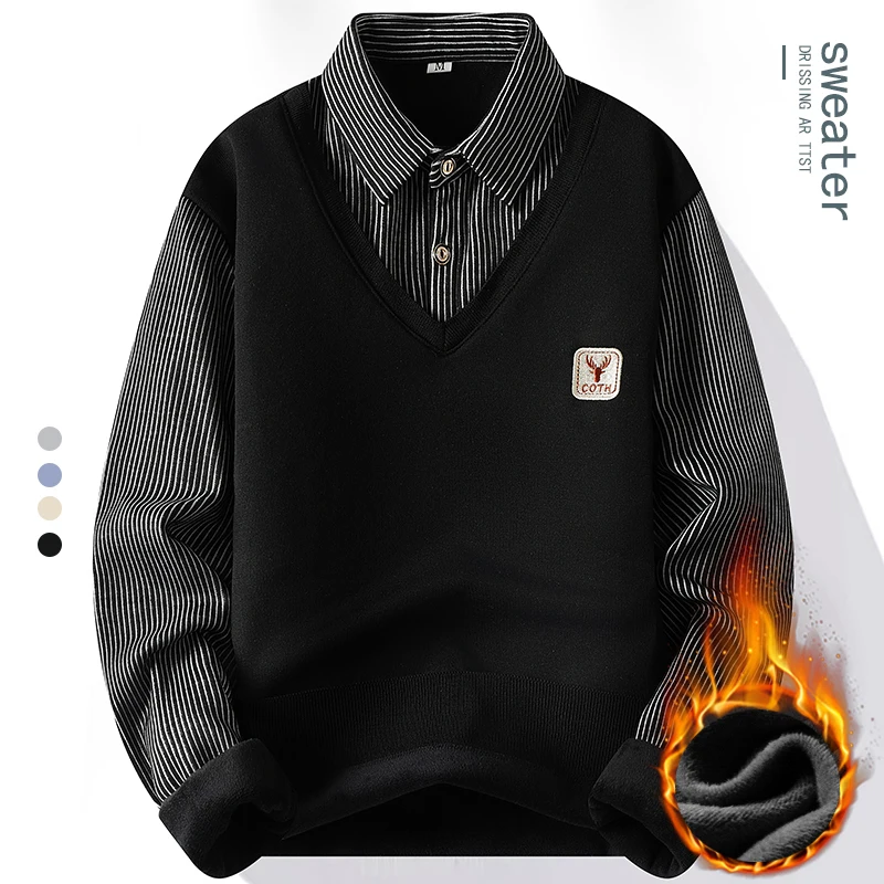 Male Fleece Polo Shirt Men's Pullover Autumn Winter T-shirt Collar Sweaters Cold Blouse Navy Blue Khaki Korean Clothing thumbnail 2