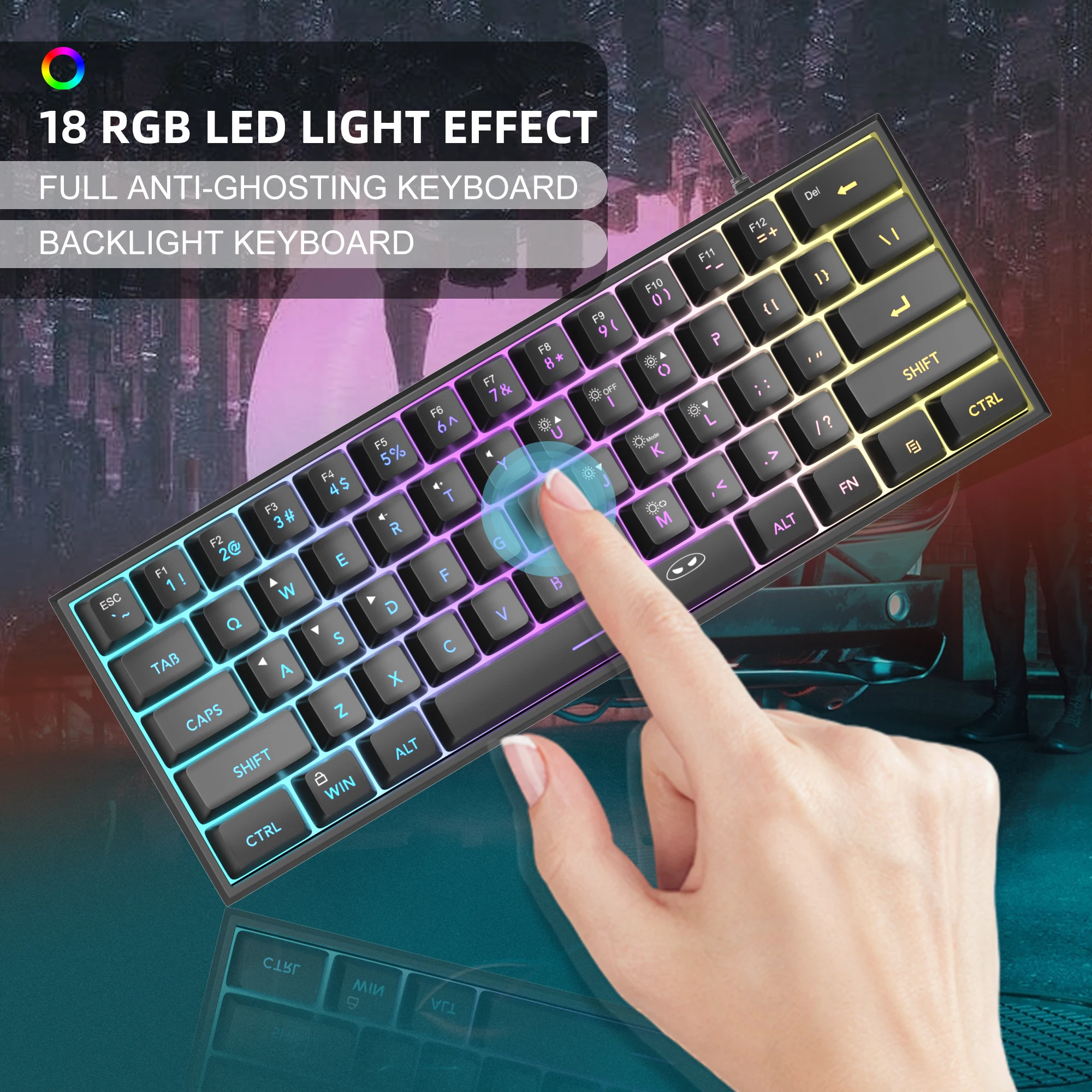 MageGee Mini 60% Gaming Keyboard, RGB Backlit 61 Key Ultra-Compact Keyboard, TS91 Ergonomic Waterproof Mechanical Feeling Office thumbnail 2