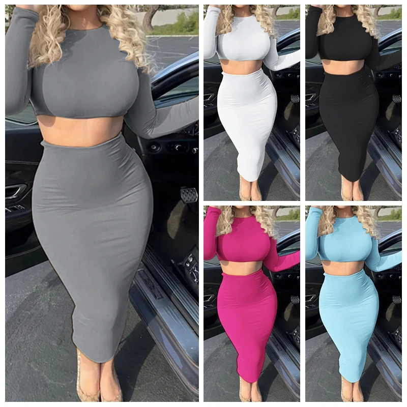 Womens Dress Sets Long Sleeve Crop Tops And Mid Calf Skirt Suit Fashion 2PCS Set Slim Office Lady Autumn Suits Clothing Q2418 thumbnail 3