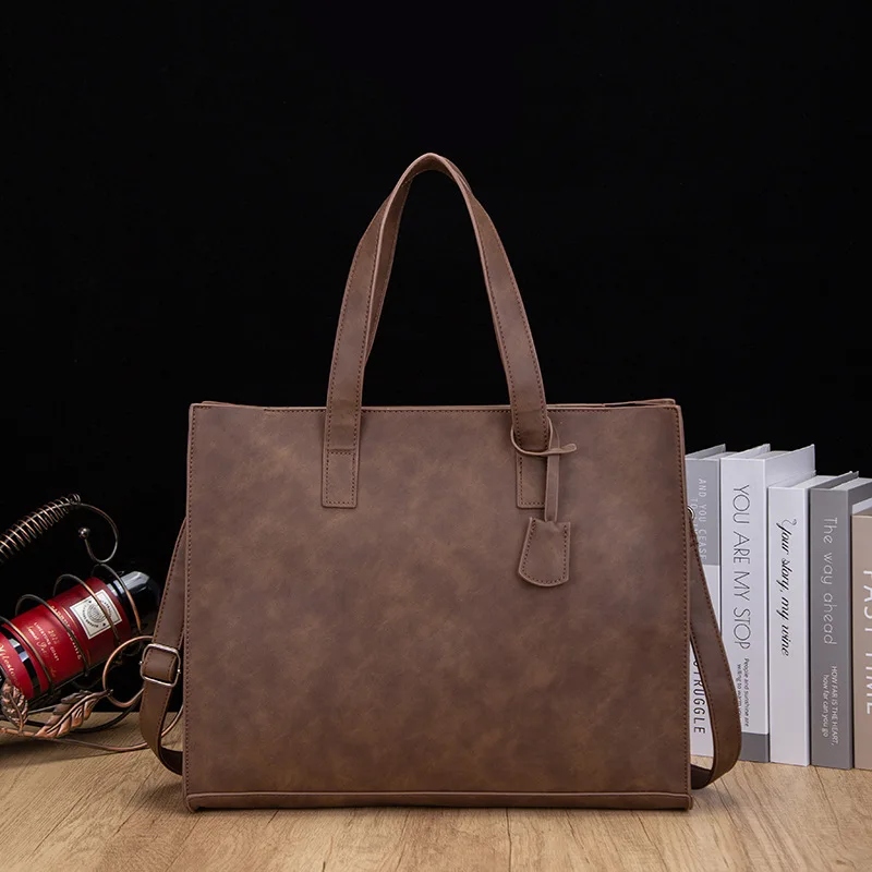 Vintage Men Large Zipper Tote Bags Leather 14 inch Waterproof Business Briefcases Messenger Bag for Man One Shoulder Laptop Bag
