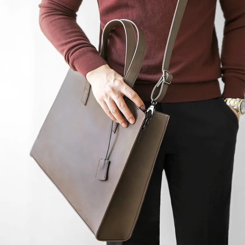 Vintage Men Large Zipper Tote Bags Leather 14 inch Waterproof Business Briefcases Messenger Bag for Man One Shoulder Laptop Bag thumbnail 2