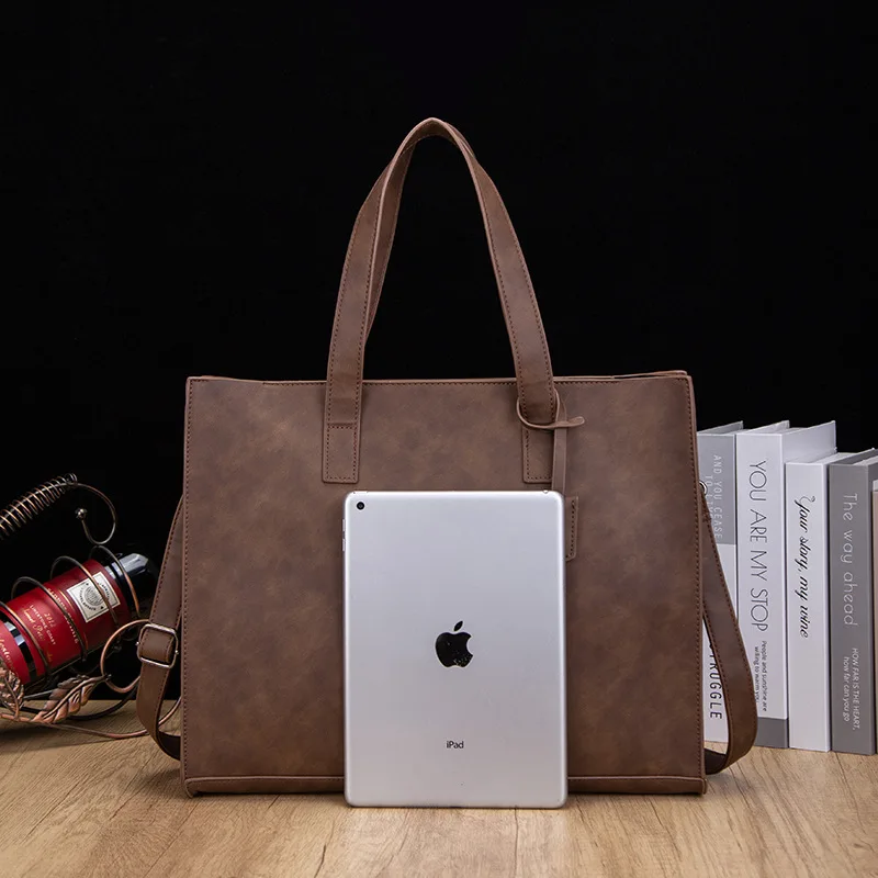 Vintage Men Large Zipper Tote Bags Leather 14 inch Waterproof Business Briefcases Messenger Bag for Man One Shoulder Laptop Bag thumbnail 3