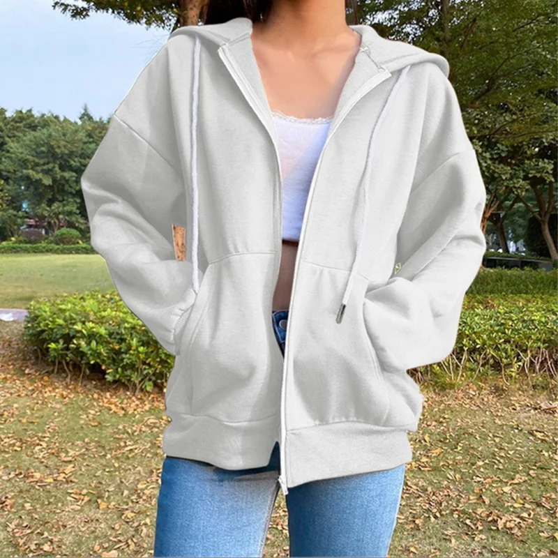 Autumn Fleece Hoodie Solid Color Hooded Korean Fashion Sweatshirts Long Sleeve Top Drawstring Pockets Loose Zipper Black Hoodies thumbnail 4