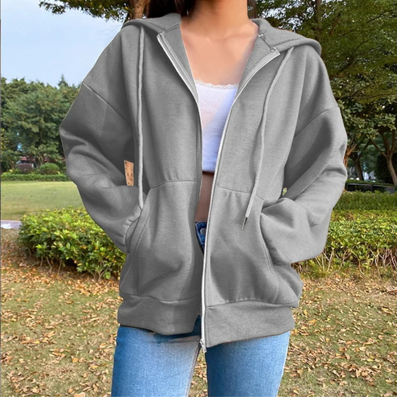 Autumn Fleece Hoodie Solid Color Hooded Korean Fashion Sweatshirts Long Sleeve Top Drawstring Pockets Loose Zipper Black Hoodies thumbnail 3