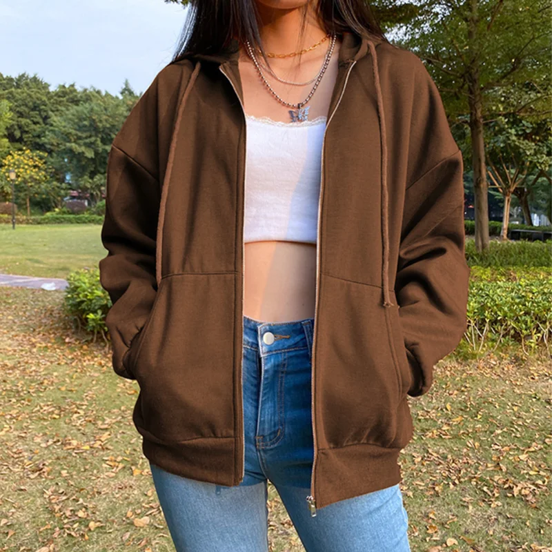 Autumn Fleece Hoodie Solid Color Hooded Korean Fashion Sweatshirts Long Sleeve Top Drawstring Pockets Loose Zipper Black Hoodies thumbnail 5
