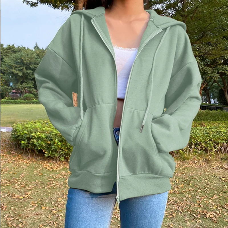 Autumn Fleece Hoodie Solid Color Hooded Korean Fashion Sweatshirts Long Sleeve Top Drawstring Pockets Loose Zipper Black Hoodies thumbnail 2