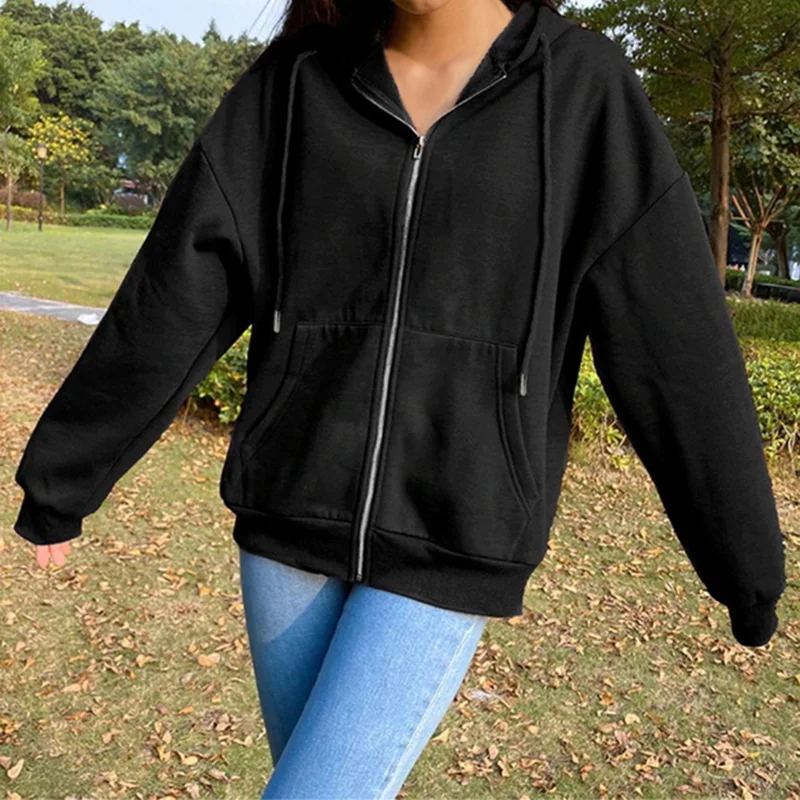 Autumn Fleece Hoodie Solid Color Hooded Korean Fashion Sweatshirts Long Sleeve Top Drawstring Pockets Loose Zipper Black Hoodies thumbnail 6