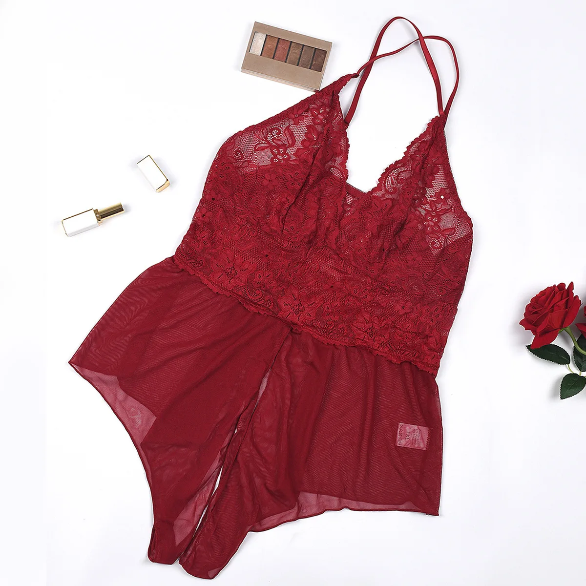 Lace Hollow One Piece Deep V Bodysuits Women Erotic Pajamas Sexy Crotchless Lingerie Teddy Stripper Outfit Costumes thumbnail 5