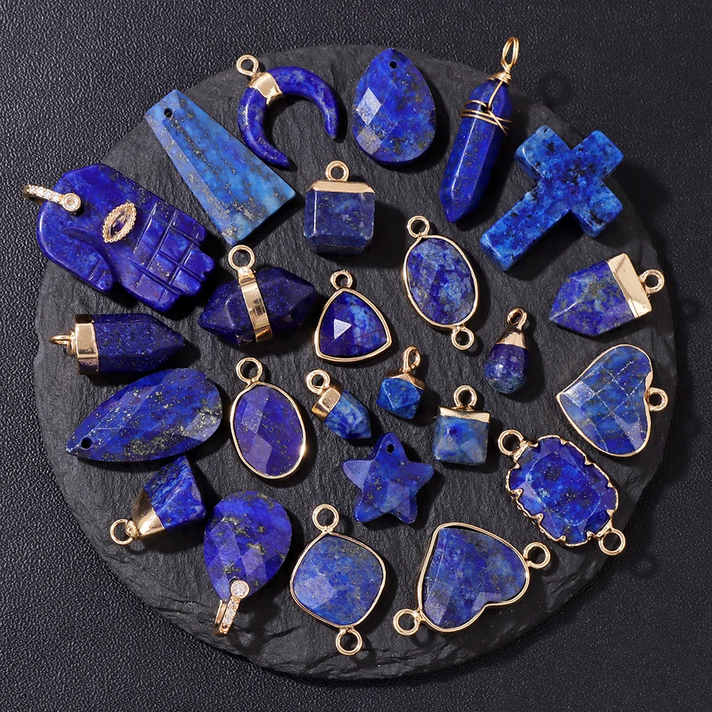 2PCS Natural Blue Lapis Lazuli Stone Gem Pendant Connector Charm For DIY Woman Men Jewelry Making Accessory Wholesale thumbnail 2