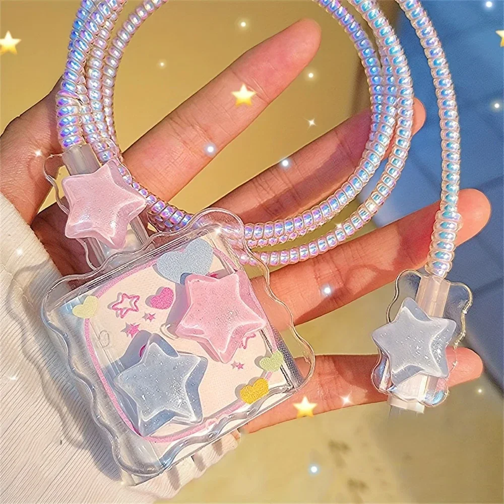 Kawaii Cute 3D Star Love Heart Wave Border Y2K USB Protector Cover for IPhone 18/20W Data Line Head Cord Fast Charging Case thumbnail 4
