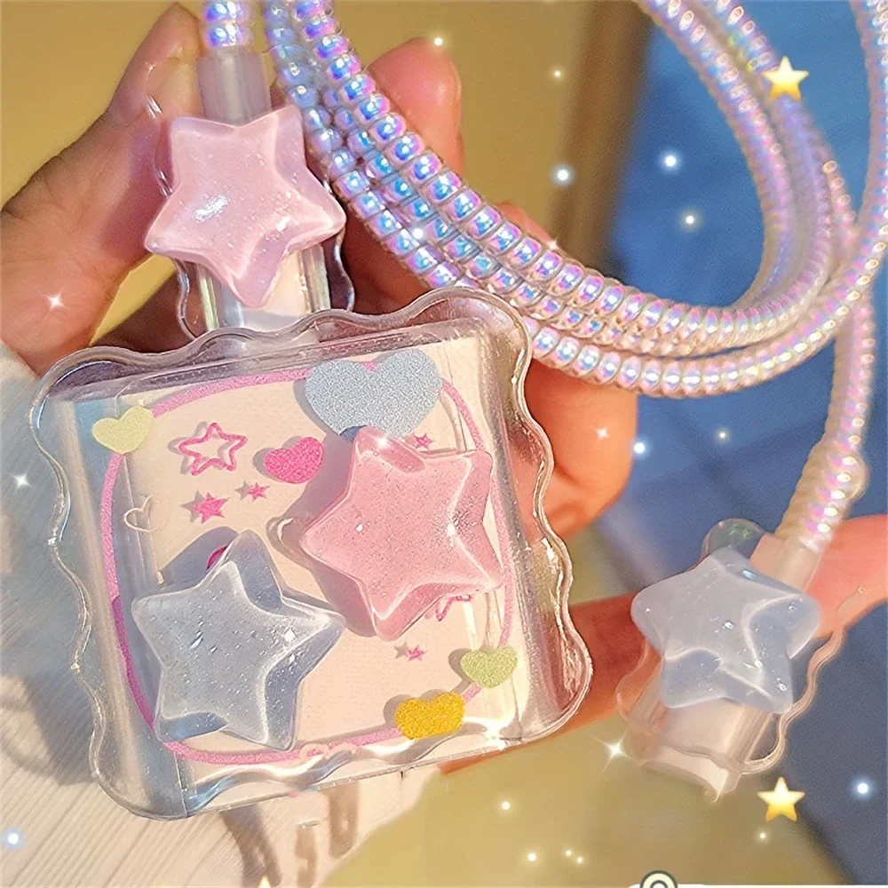 Kawaii Cute 3D Star Love Heart Wave Border Y2K USB Protector Cover for IPhone 18/20W Data Line Head Cord Fast Charging Case thumbnail 2