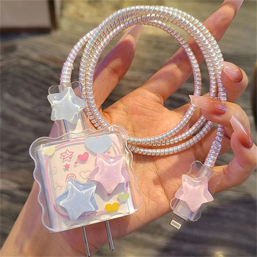 Kawaii Cute 3D Star Love Heart Wave Border Y2K USB Protector Cover for IPhone 18/20W Data Line Head Cord Fast Charging Case thumbnail 5