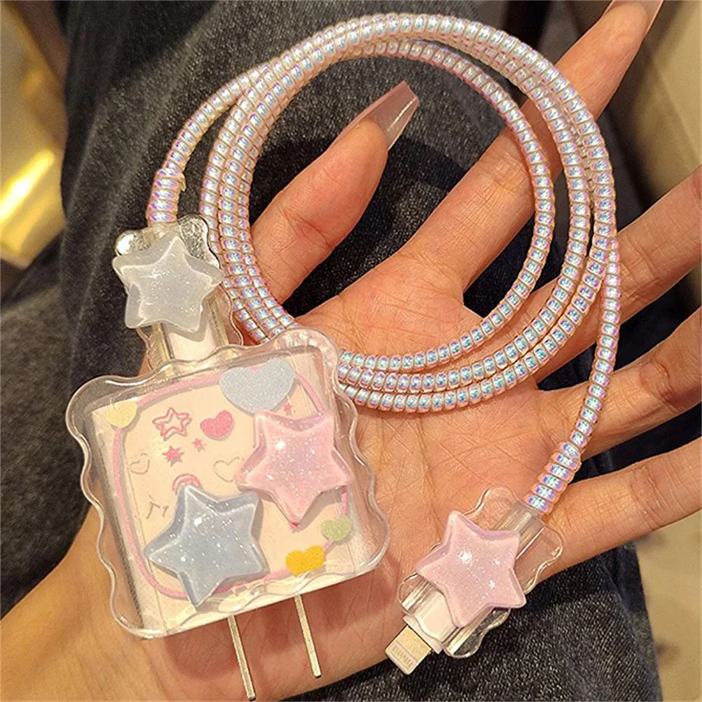 Kawaii Cute 3D Star Love Heart Wave Border Y2K USB Protector Cover for IPhone 18/20W Data Line Head Cord Fast Charging Case thumbnail 6