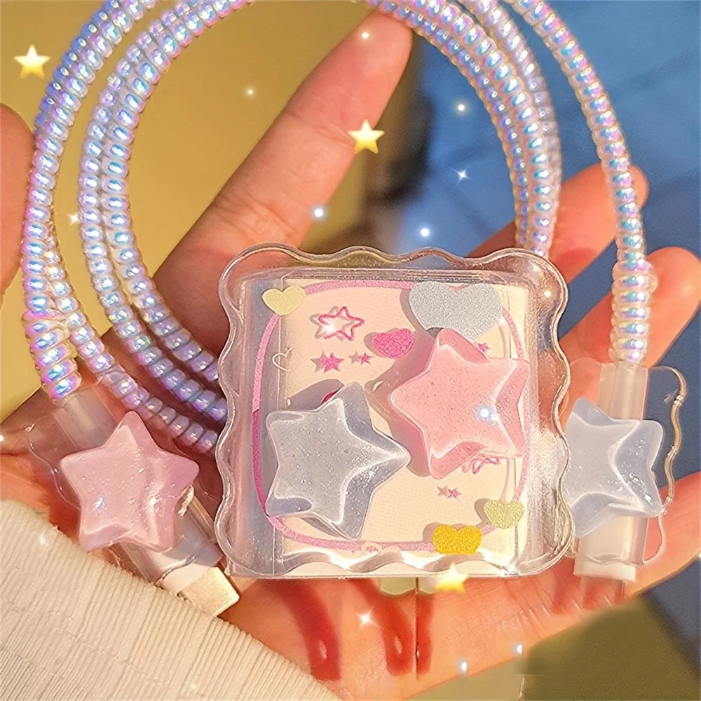 Kawaii Cute 3D Star Love Heart Wave Border Y2K USB Protector Cover for IPhone 18/20W Data Line Head Cord Fast Charging Case thumbnail 3