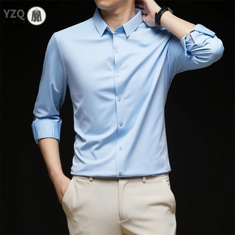 New Men's Business Casual Long Sleeved Solid Color Shirt Wrinkle Resistant Wrinkle Free Comfortable All Season Versatile Top thumbnail 2