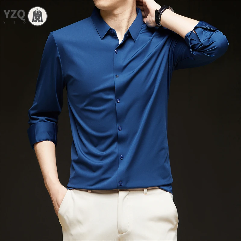 New Men's Business Casual Long Sleeved Solid Color Shirt Wrinkle Resistant Wrinkle Free Comfortable All Season Versatile Top thumbnail 4