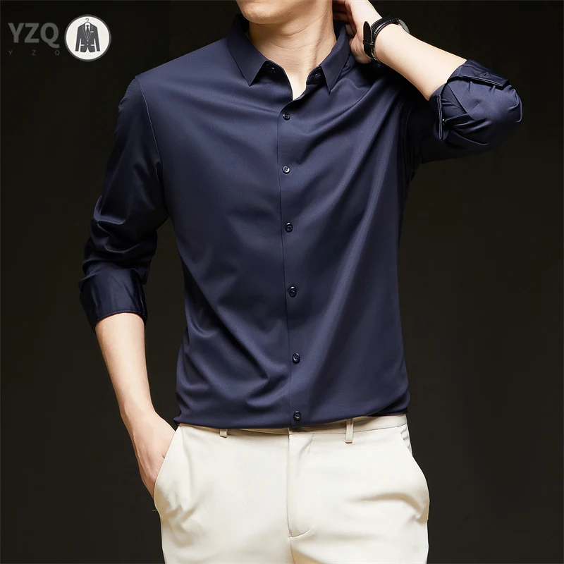 New Men's Business Casual Long Sleeved Solid Color Shirt Wrinkle Resistant Wrinkle Free Comfortable All Season Versatile Top thumbnail 3