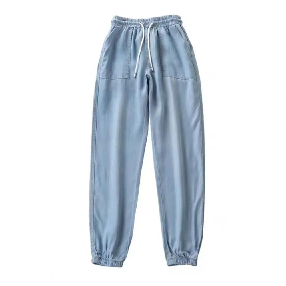 Summer Thin Ice Silk Jeans Women Elastic High Waist Drawstring Harem Pants Loose All-matched Beam Leg Nine Points Denim Pants thumbnail 5
