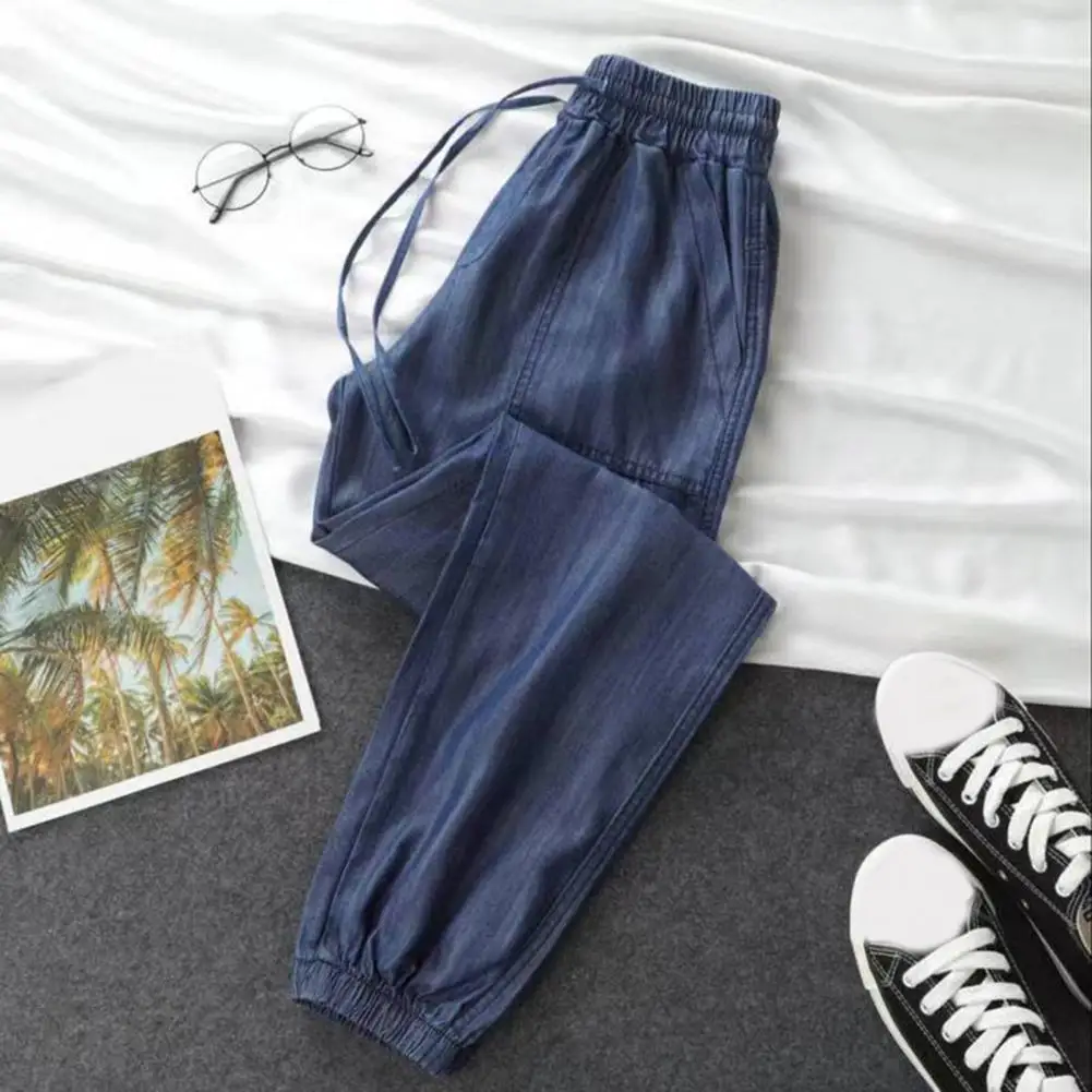Summer Thin Ice Silk Jeans Women Elastic High Waist Drawstring Harem Pants Loose All-matched Beam Leg Nine Points Denim Pants thumbnail 4