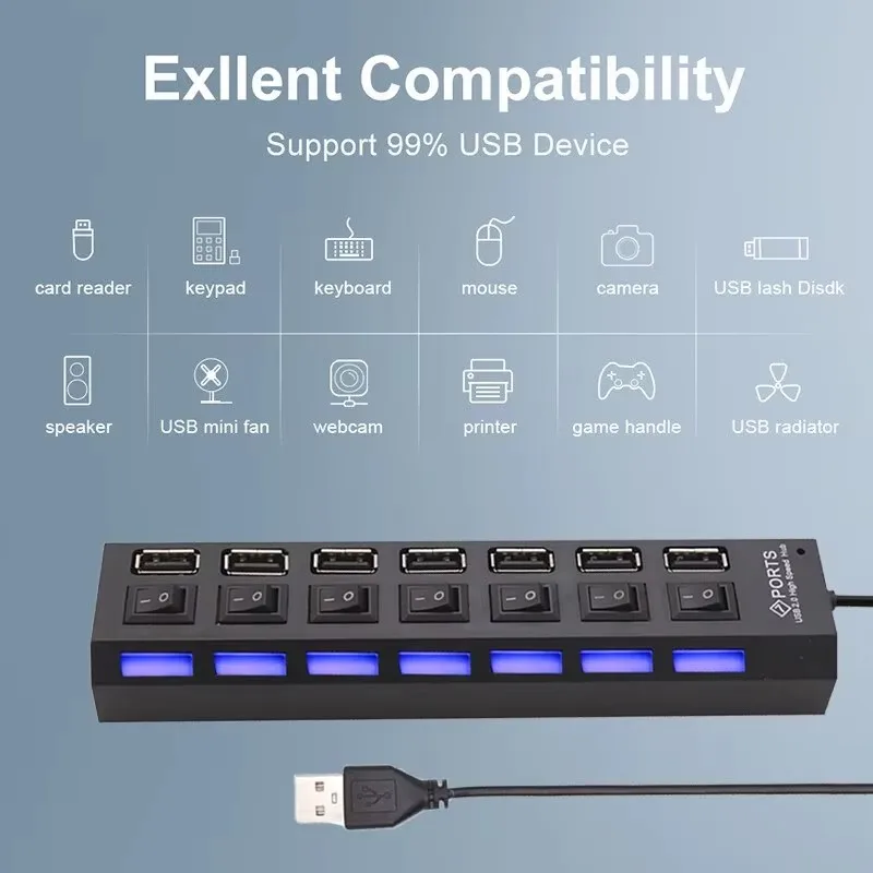 Switch Extension Hub 7-port USB2.0 Hub Computer USB Extension Hub One Drag Seven USB2.0 Splitter PC Laptop Desktop thumbnail 4