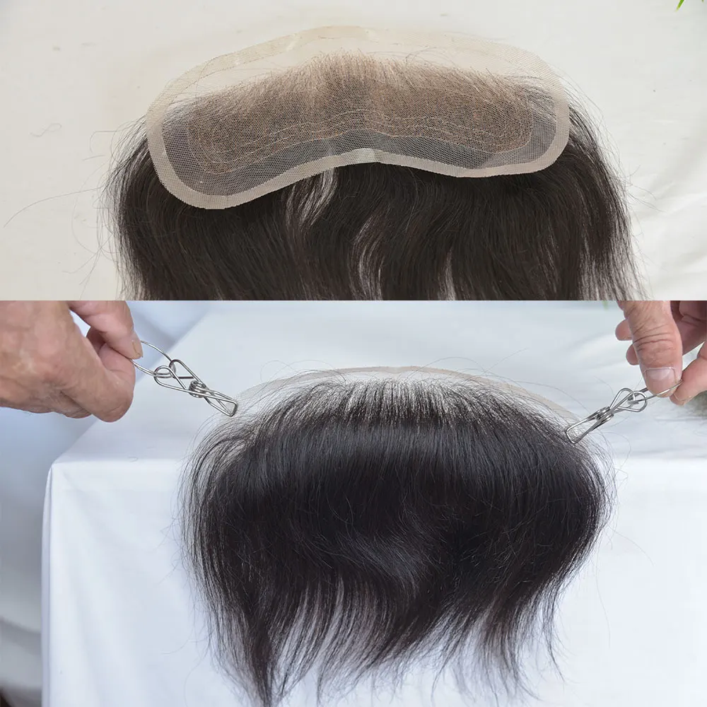 Men's Hairline Toupee Black Hair for Frontal Hairpiece Full Lace V-Shape Topper Natural Hairline Bleached Knots System 1.57X7.08 thumbnail 4