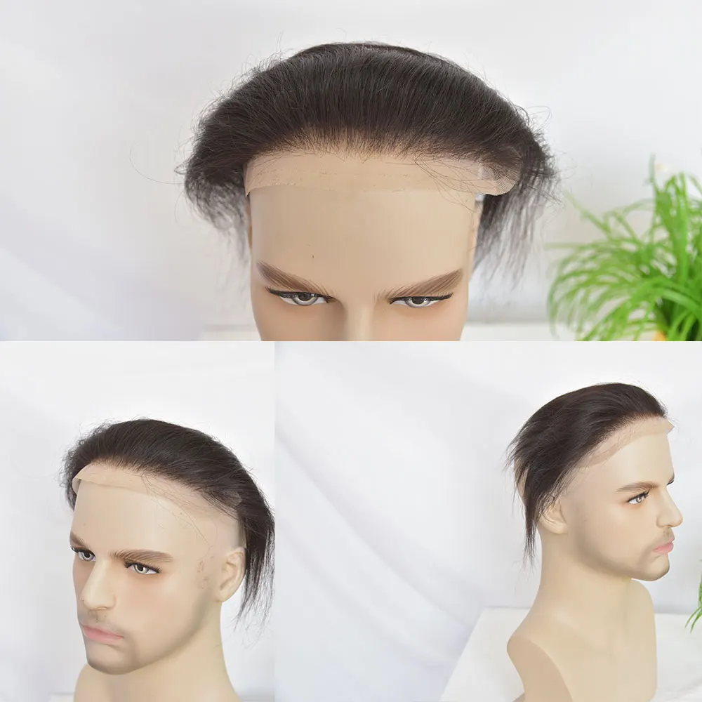 Men's Hairline Toupee Black Hair for Frontal Hairpiece Full Lace V-Shape Topper Natural Hairline Bleached Knots System 1.57X7.08 thumbnail 5