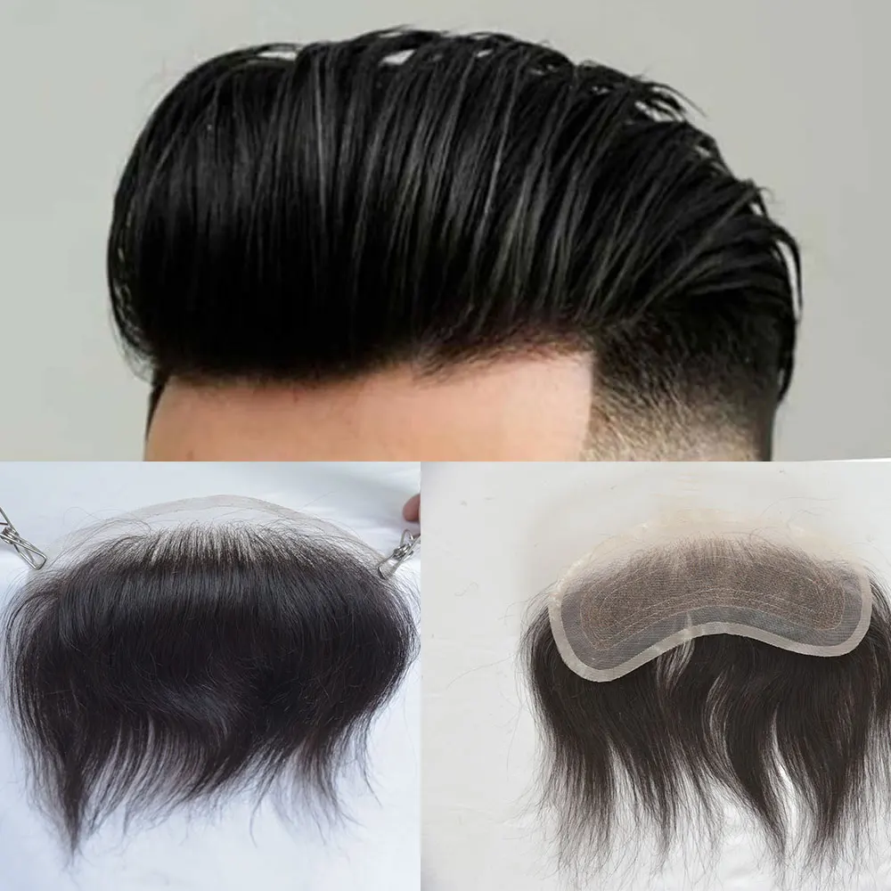 Men's Hairline Toupee Black Hair for Frontal Hairpiece Full Lace V-Shape Topper Natural Hairline Bleached Knots System 1.57X7.08 thumbnail 6