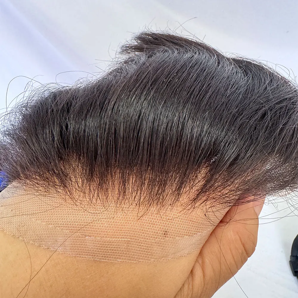 Men's Hairline Toupee Black Hair for Frontal Hairpiece Full Lace V-Shape Topper Natural Hairline Bleached Knots System 1.57X7.08 thumbnail 2