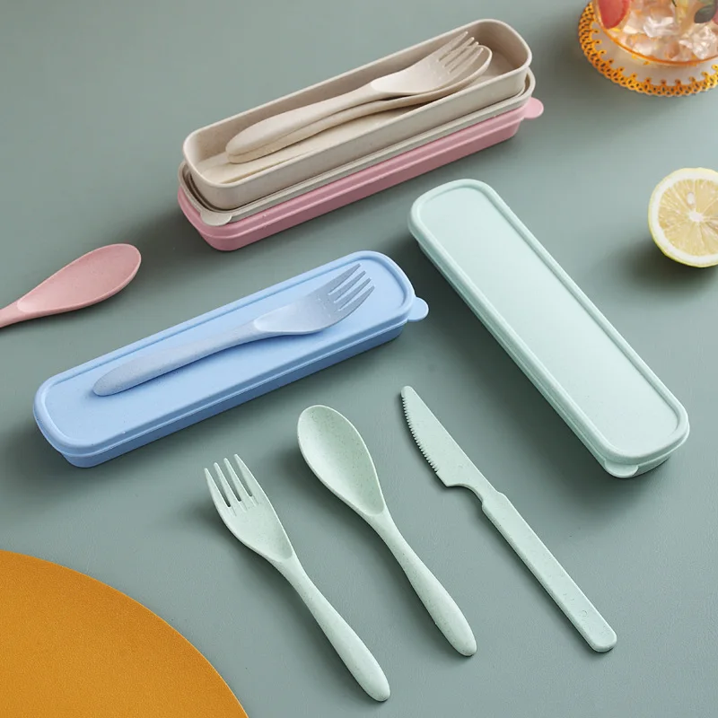 3Pcs Wheat Straw Dinnerware Set Portable Tableware Knife Fork Spoon Eco-Friendly Travel Cutlery  Utensil Box Chopsticks thumbnail 2