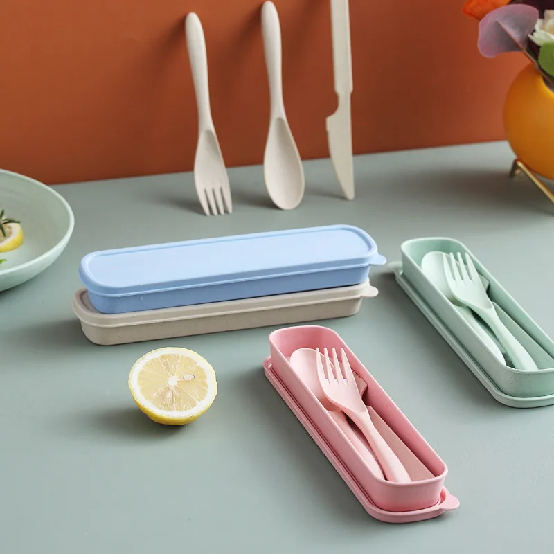 3Pcs Wheat Straw Dinnerware Set Portable Tableware Knife Fork Spoon Eco-Friendly Travel Cutlery  Utensil Box Chopsticks thumbnail 3