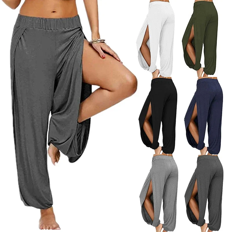 Summer High Slit Haren Pants for Women Sports Yoga Pants Solid Loose Hippie Harem Wide Leg Pants Trousers thumbnail 2