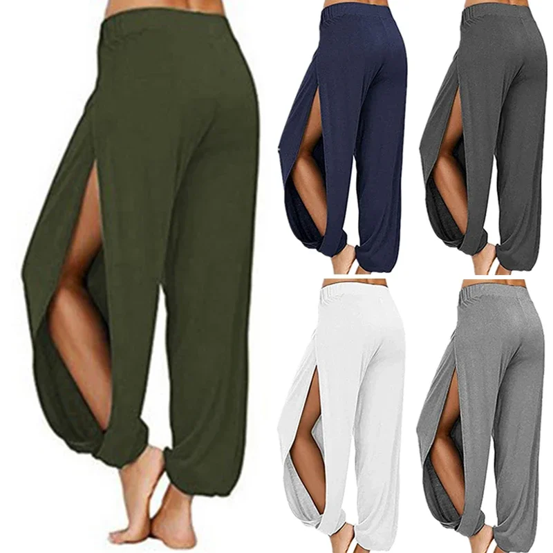 Summer High Slit Haren Pants for Women Sports Yoga Pants Solid Loose Hippie Harem Wide Leg Pants Trousers thumbnail 5