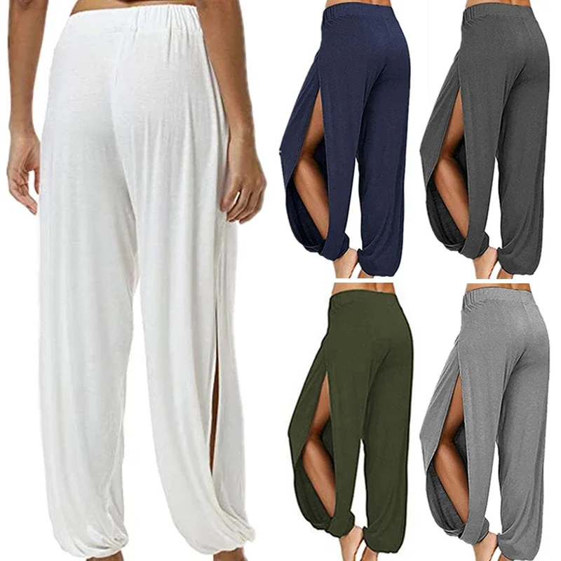 Summer High Slit Haren Pants for Women Sports Yoga Pants Solid Loose Hippie Harem Wide Leg Pants Trousers thumbnail 6