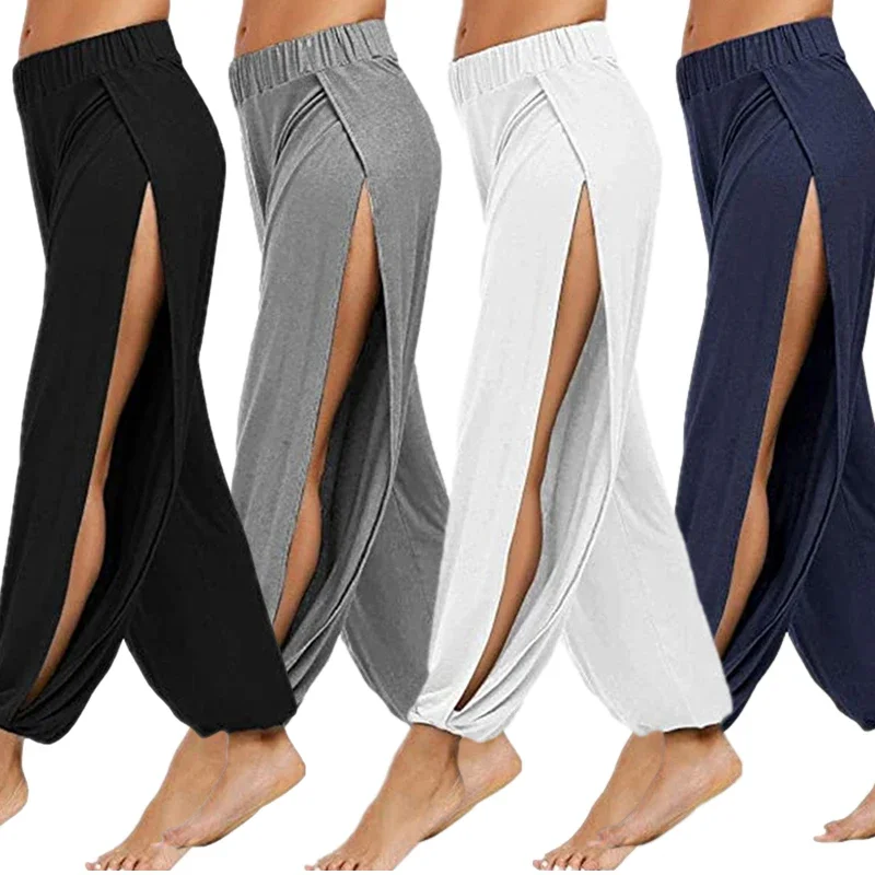 Summer High Slit Haren Pants for Women Sports Yoga Pants Solid Loose Hippie Harem Wide Leg Pants Trousers thumbnail 3