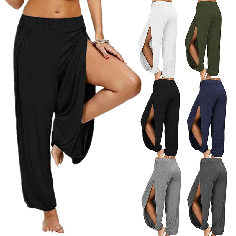 Summer High Slit Haren Pants for Women Sports Yoga Pants Solid Loose Hippie Harem Wide Leg Pants Trousers thumbnail 4