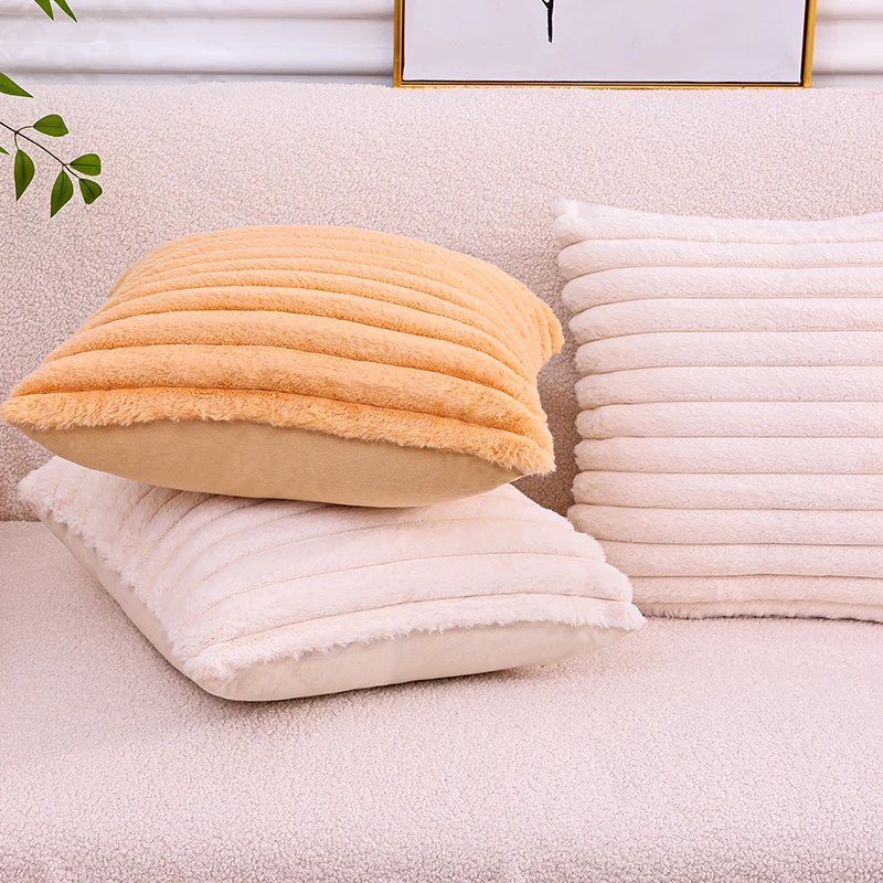 Olanly Soft Fluffy Striped Cushion Covers Imitation Rabbit Plush Throw Pillow Cases For Sofa Decoration Home Decor Pillow Covers thumbnail 5