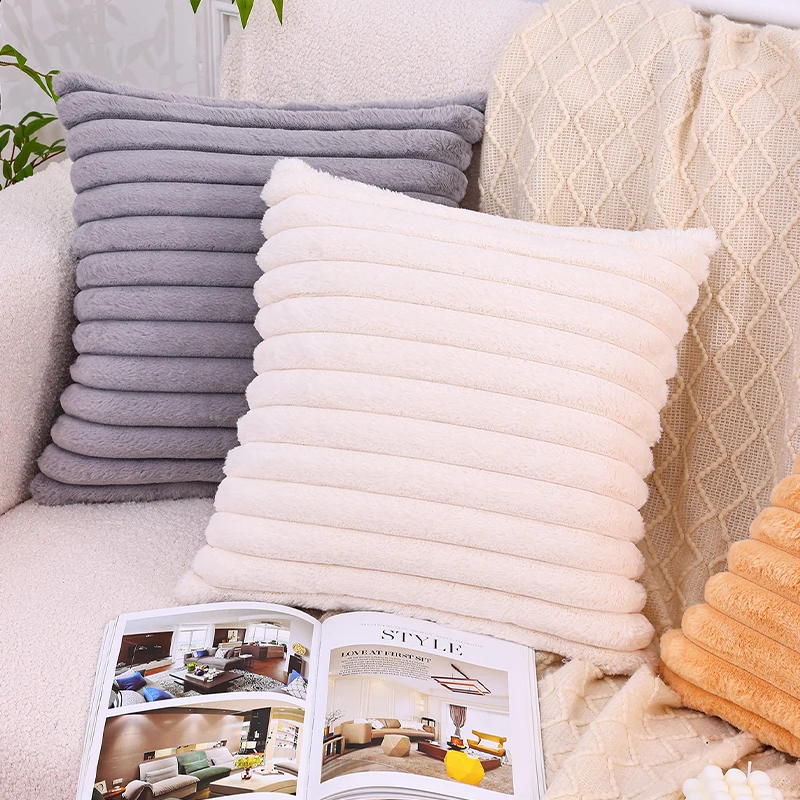 Olanly Soft Fluffy Striped Cushion Covers Imitation Rabbit Plush Throw Pillow Cases For Sofa Decoration Home Decor Pillow Covers thumbnail 2