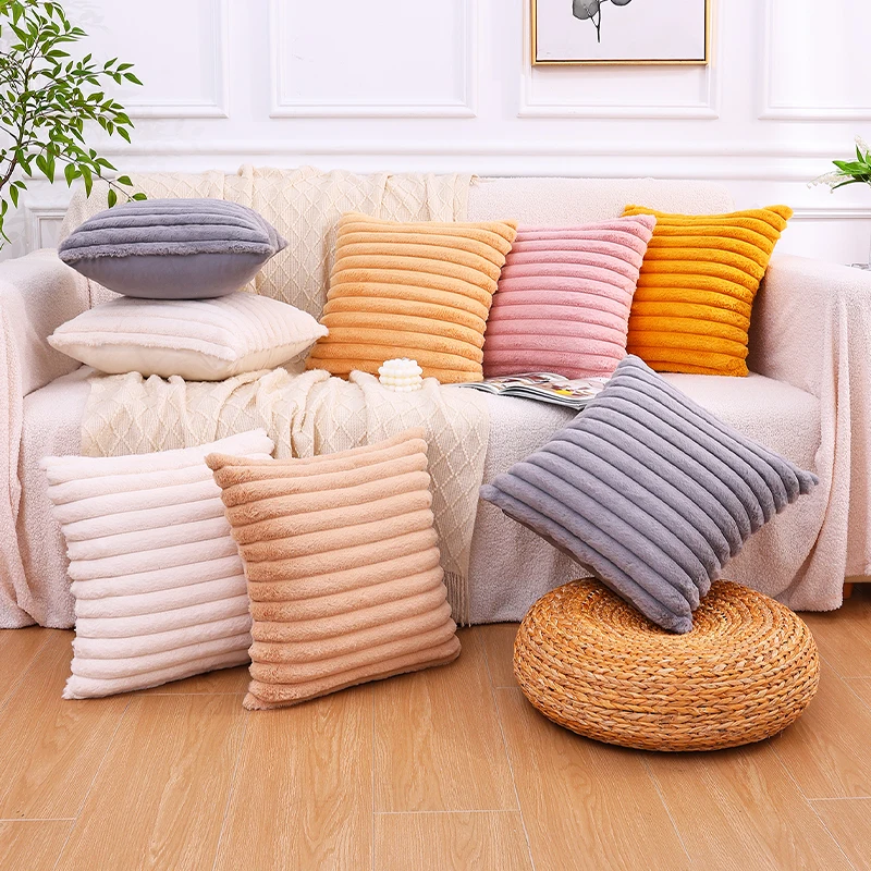 Olanly Soft Fluffy Striped Cushion Covers Imitation Rabbit Plush Throw Pillow Cases For Sofa Decoration Home Decor Pillow Covers thumbnail 6