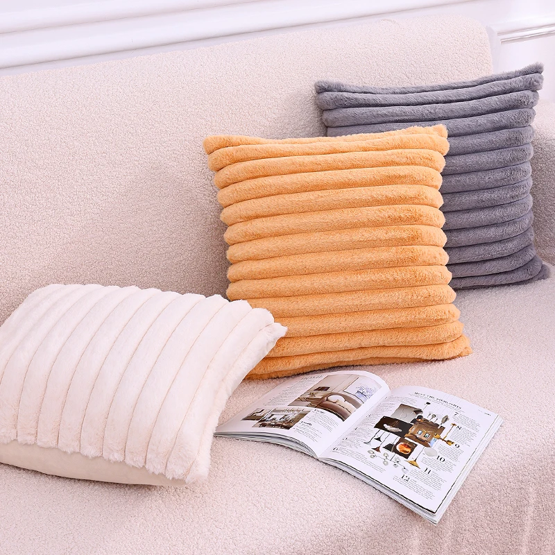 Olanly Soft Fluffy Striped Cushion Covers Imitation Rabbit Plush Throw Pillow Cases For Sofa Decoration Home Decor Pillow Covers thumbnail 3