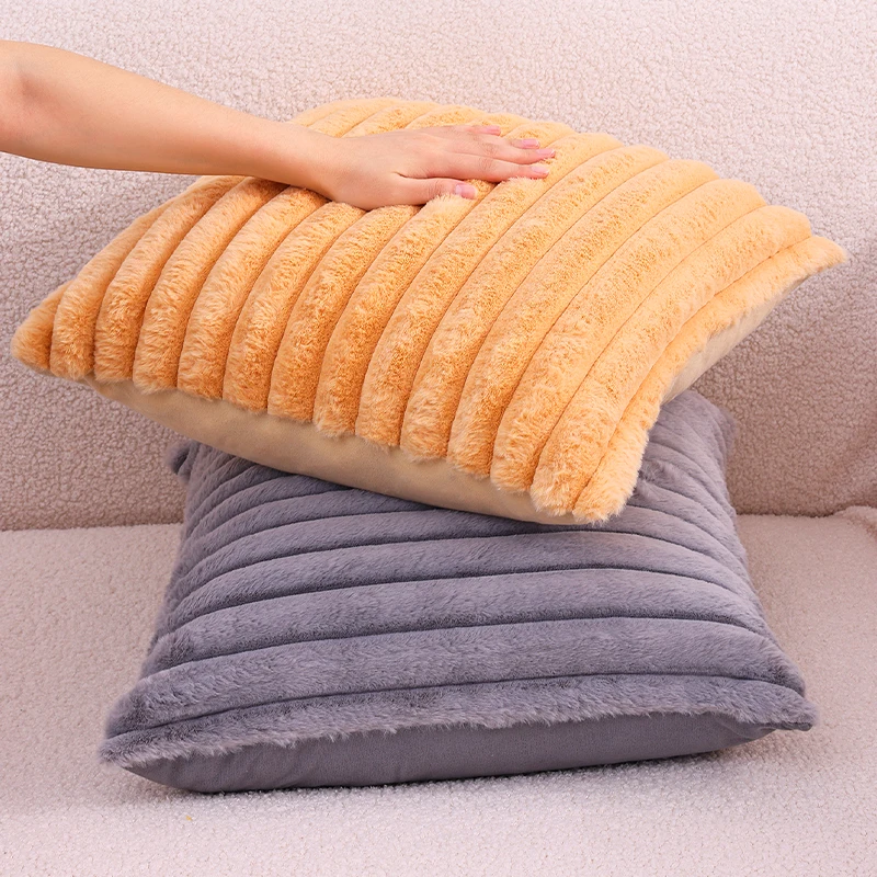 Olanly Soft Fluffy Striped Cushion Covers Imitation Rabbit Plush Throw Pillow Cases For Sofa Decoration Home Decor Pillow Covers thumbnail 4