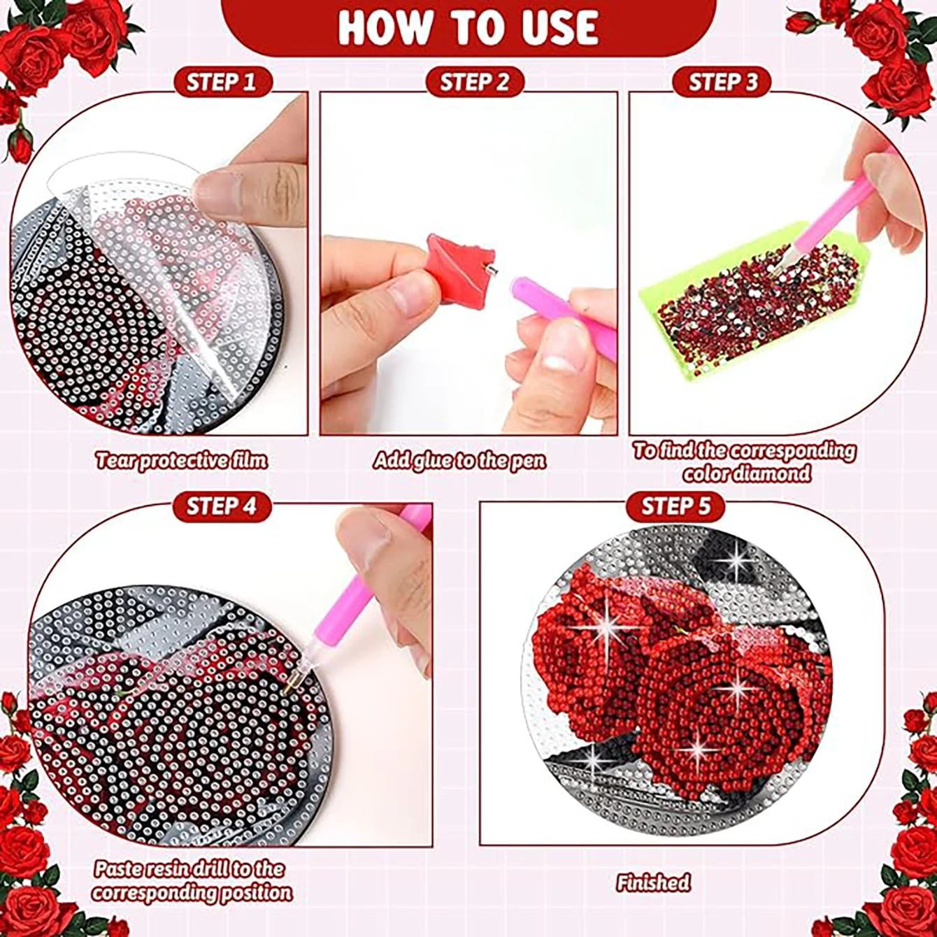 8 pieces/set rose and diamond painting coaster set, DIY coaster with holder, beginner and adult diamond craft gift thumbnail 6