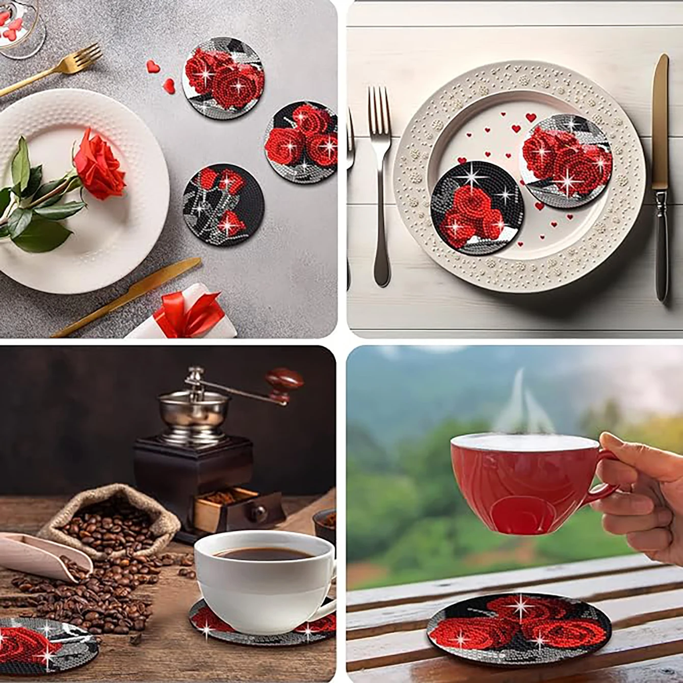 8 pieces/set rose and diamond painting coaster set, DIY coaster with holder, beginner and adult diamond craft gift thumbnail 5