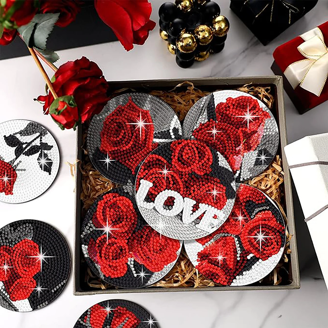 8 pieces/set rose and diamond painting coaster set, DIY coaster with holder, beginner and adult diamond craft gift thumbnail 4