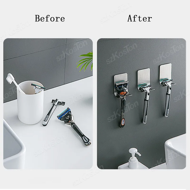 1-4PCS No-Punch Razor Holder Adhesive Stainless Steel Storage Hook Bathroom Razor Waterproof Wall Mounted Shelf Razor Holder thumbnail 4
