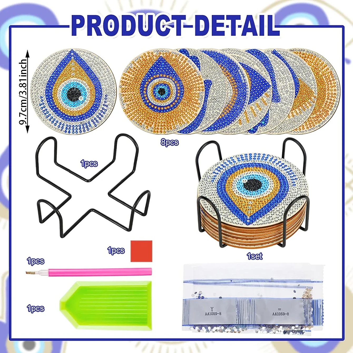 8 pieces/set of diamond painted mandala coasters (with holder) DIY diamond craft kit, art supplies, gifts for beginners thumbnail 4